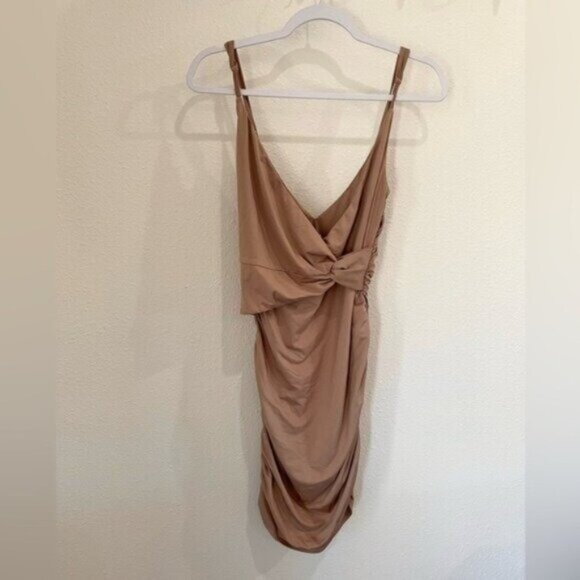 TOBI Neutral Ruched Contemporary Cocktail Faux Wrap Stretch Bodycon Mini Dress - Picture 1 of 5